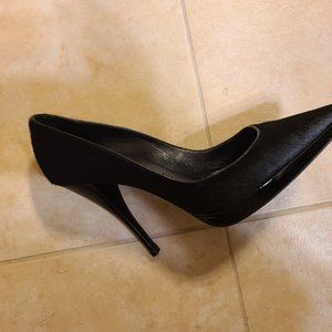 Pierre Hardy black calf hair with patient leather trim shoes.